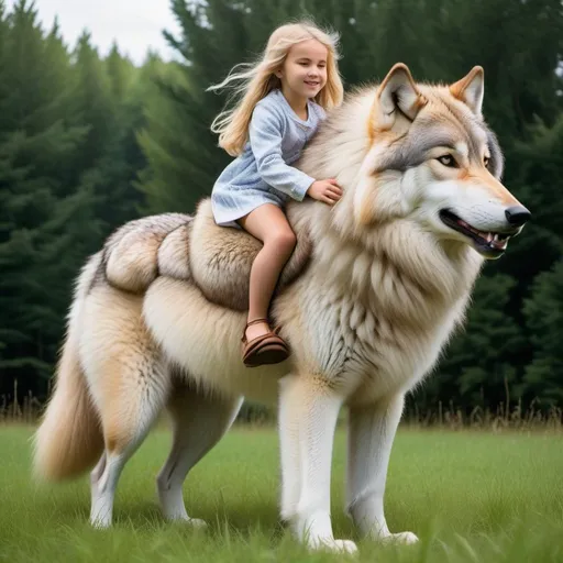 Prompt: a young girl mounted atop her tall wolf, riding, deep fur, fluffy fur, plush fur, thick fur, soft fur, long fur, warm fur, giant noble steed, wide back, giant head, giant legs, giant body, giant paws, full body shot, side view, very long blonde hair, grass, field, lawn, plush pajamas,
