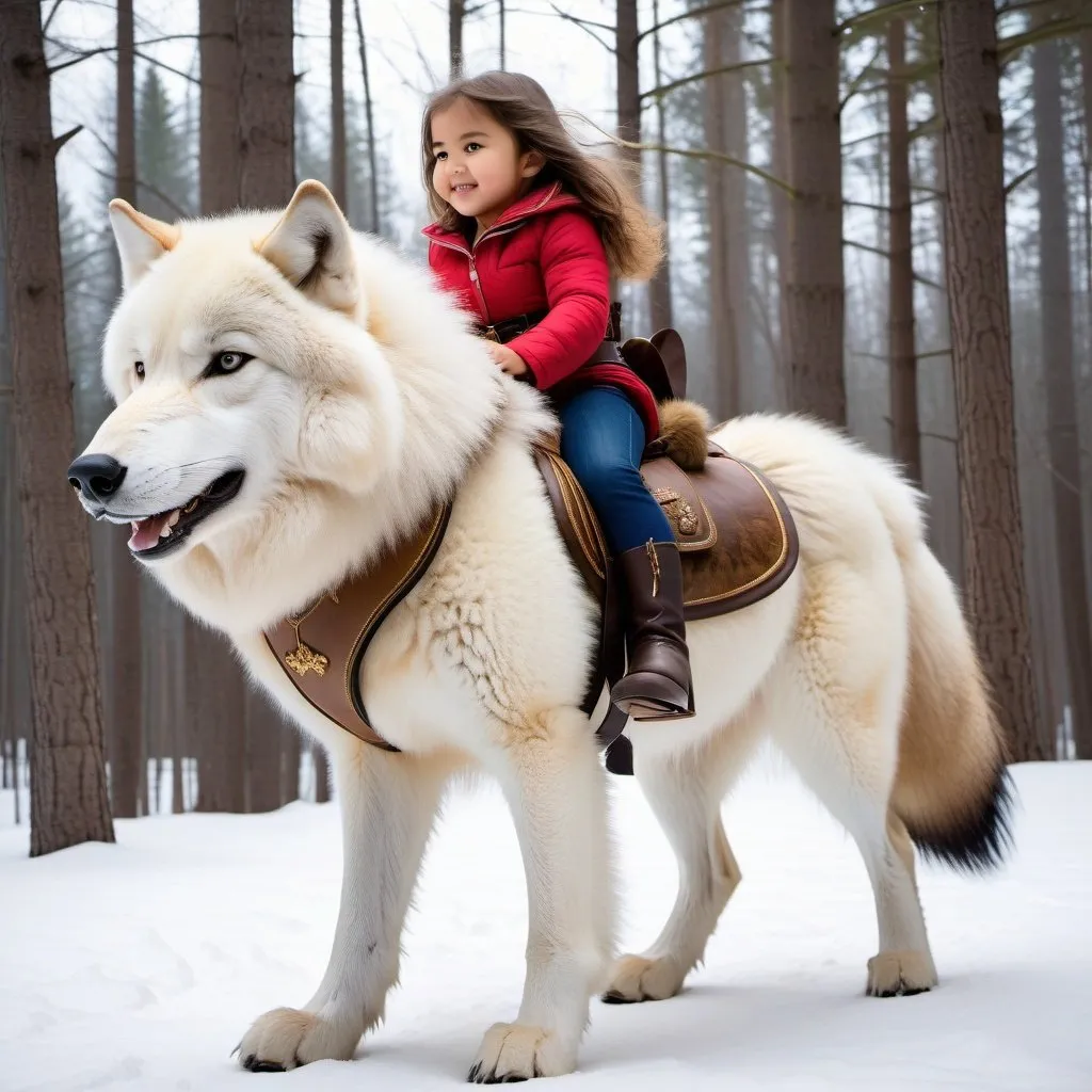 Prompt: small girl mounted atop her giant riding wolf, riding play, fluffy fur, thick fur, plush fur, soft fur, warm fur, giant steed, wide back, giant head, giant legs, giant body, giant paws, full body shot, side view, very long hair, stable, bound harness, bridle, bit,