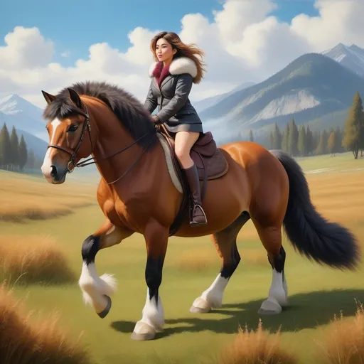 Prompt: a short girl mounted atop her 2 meter tall giant cat pony, riding, fluffy fur, thick fur, soft fur, warm fur, mane, giant riding steed, wide back, giant head, giant legs, giant body, giant paws, full body shot, side view, field, dense fur, 4k fur, fur with depth, oil painting,