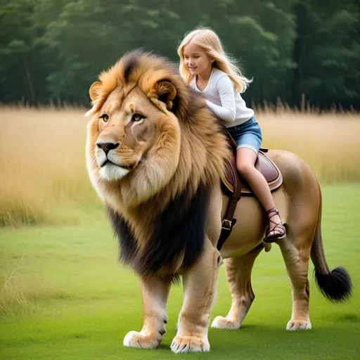 Prompt: a young girl mounted atop her lion, riding, deep fur, fluffy fur, plush fur, thick fur, soft fur, long fur, warm fur, giant noble steed, wide back, giant head, giant legs, giant body, giant paws, full body shot, side view, very long blonde hair, grass, field, lawn, soft fur harness, soft fur saddle, 