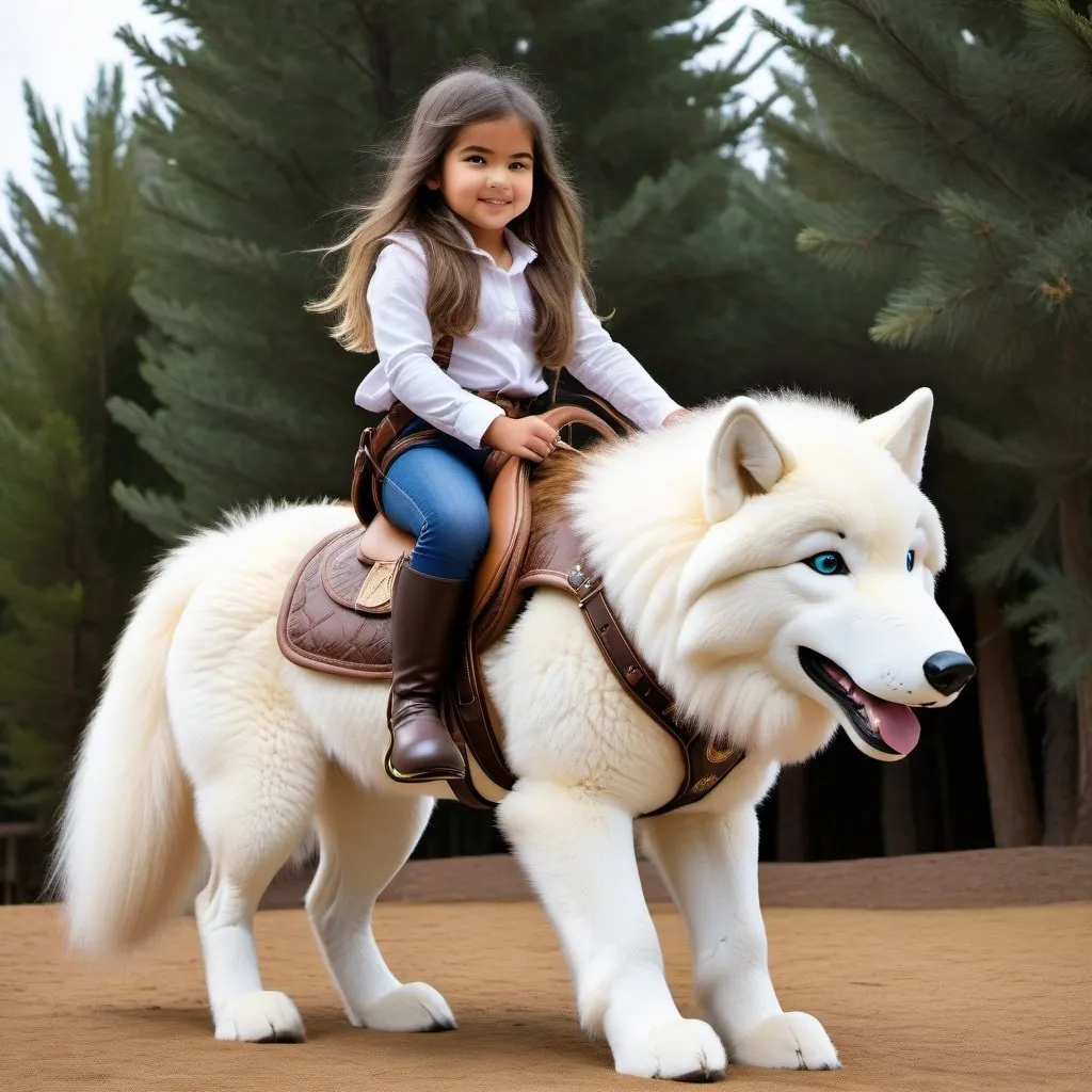 Prompt: small girl mounted atop her giant riding wolf, riding play, fluffy fur, thick fur, plush fur, soft fur, warm fur, giant plush steed, wide back, giant head, giant legs, giant body, giant paws, full body shot, side view, very long hair, stable, harness, soft saddle, bridle, bit,