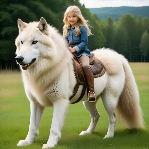 Prompt: a young girl mounted atop her giant wolf mare, riding, deep fur, fluffy fur, plush fur, thick fur, soft fur, long fur, warm fur, giant steed, wide back, giant head, giant legs, giant body, giant paws, full body shot, side view, very long blonde hair, grass, field, lawn, bound bridle,