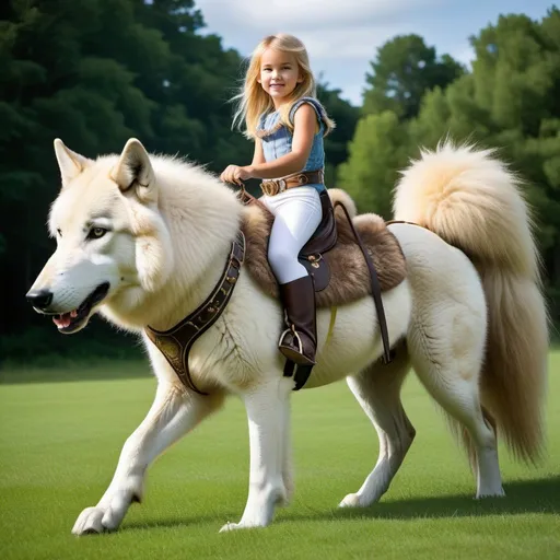 Prompt: a young girl mounted atop her giant wolf mare, riding, deep fur, fluffy fur, plush fur, thick fur, soft fur, long fur, warm fur, giant steed, wide back, giant head, giant legs, giant body, giant paws, full body shot, side view, very long blonde hair, grass, field, lawn, rope bound harness,