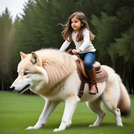 Prompt: small girl mounted atop her giant wolf, riding fast, fluffy fur, thick fur, plush fur, soft fur, warm fur, giant riding steed, wide back, giant head, giant legs, giant body, giant paws, full body shot, side view, very long brown hair, field, lawn, pony play,