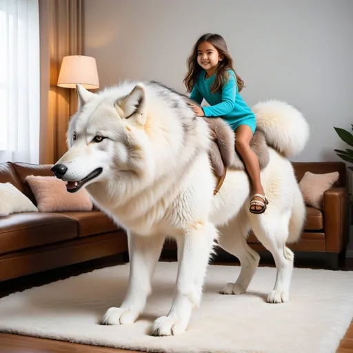 Prompt: young girl mounted atop her giant riding wolf, riding fast, fluffy fur, thick fur, soft fur, long fur, warm fur, giant riding steed, wide back, giant head, giant legs, giant body, giant paws, full body shot, side view, very long hair, living room, long fur pajamas,