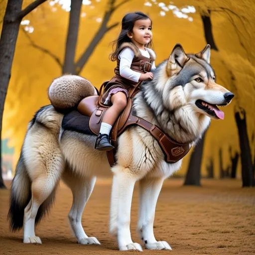 Prompt: small girl mounted atop her giant canine wolf, riding play, fluffy fur, thick fur, plush fur, soft fur, warm fur, giant riding steed, wide back, giant head, giant legs, giant body, giant paws, full body shot, side view, very long hair, stable, fur harness, bridle,