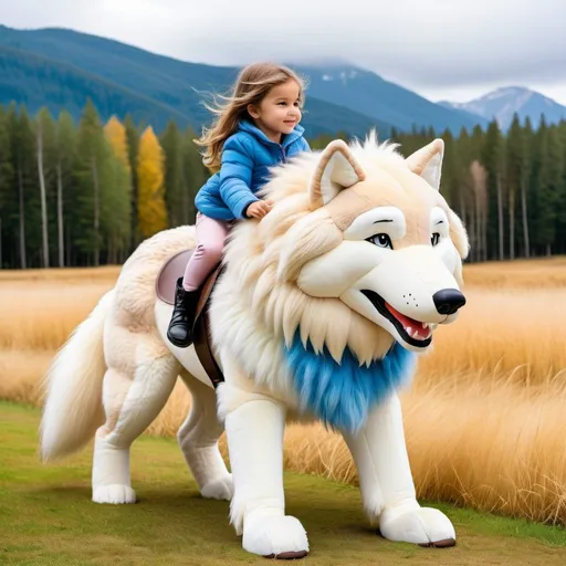 Prompt: small child mounted atop her giant wolf, riding, fluffy fur, thick fur, soft fur, plush fur, warm fur, giant plush steed, wide back, giant head, giant legs, giant body, giant paws, full body shot, side view, very long hair, grass, field,