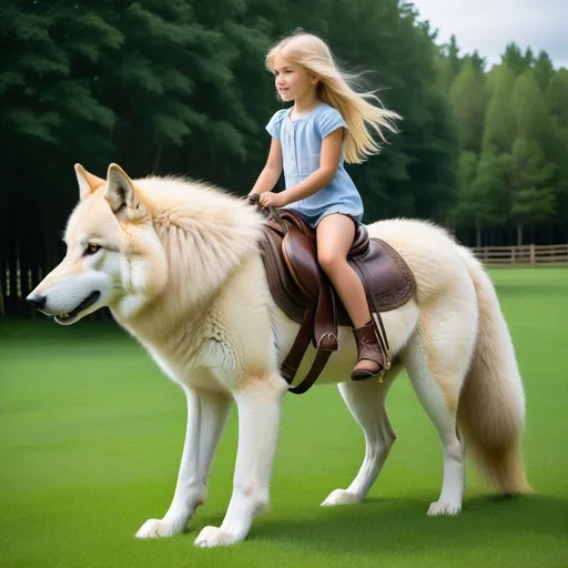 Prompt: a young girl mounted atop her giant wolf mare, riding, deep fur, fluffy fur, plush fur, thick fur, soft fur, long fur, warm fur, giant steed, wide back, giant head, giant legs, giant body, giant paws, full body shot, side view, very long blonde hair, grass, field, lawn, raised tail, raised head,