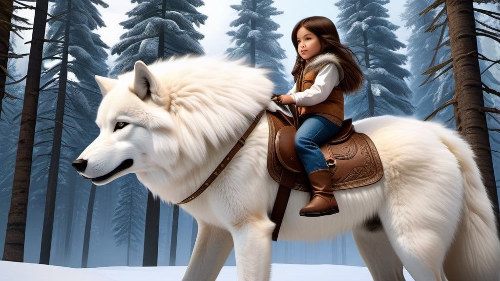 Prompt: small girl mounted atop her giant wolf, riding bareback, white fur, fluffy fur, thick fur, plush fur, soft fur, warm fur, giant riding steed, wide back, giant head, giant legs, giant body, giant paws, full body shot, side view, very long brown hair, forest, bit,