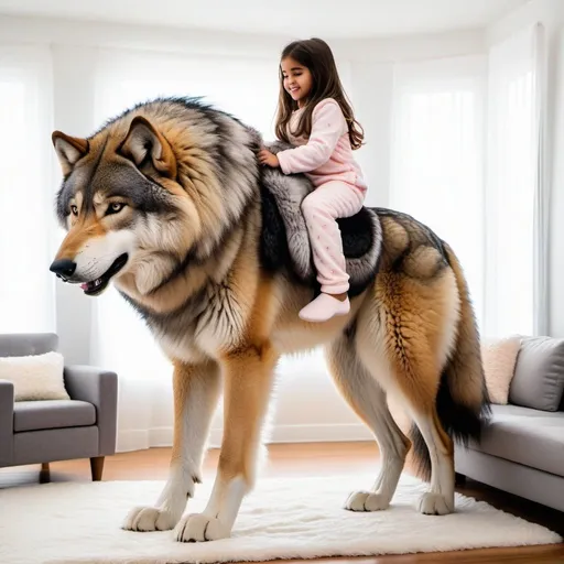 Prompt: young girl mounted atop her giant canine wolf, riding, fluffy fur, thick fur, soft fur, long fur, warm fur, giant plush steed, wide back, giant head, giant legs, giant body, giant paws, full body shot, side view, very long hair, living room, long fur pajamas,