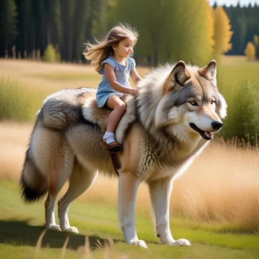 Prompt: young girl mounted atop her giant fluffy wolf, riding fast, fluffy fur, thick fur, soft fur, plush fur, warm fur, giant fluffy steed, wide back, giant head, giant legs, giant body, giant paws, full body shot, side view, very long hair, sunny, warm, grass, field, bit,