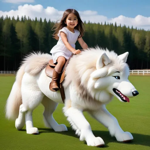Prompt: small girl mounted atop her giant wolf, riding fast, white fur, fluffy fur, thick fur, plush fur, soft fur, warm fur, giant plush steed, wide back, giant head, giant legs, giant body, giant paws, full body shot, side view, very long brown hair, grass, field, pony play,