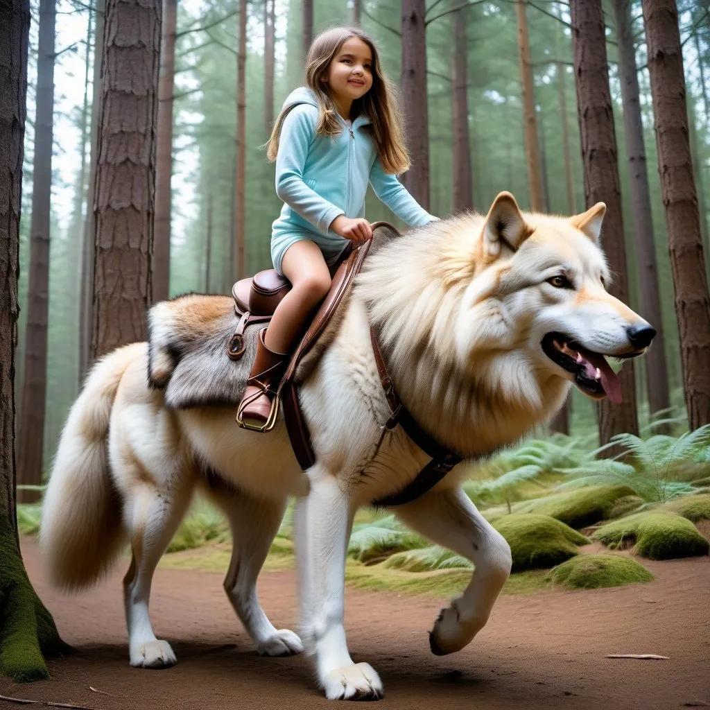 Prompt: young girl mounted atop her giant riding wolf, riding fast, fluffy fur, thick fur, soft fur, long fur, warm fur, giant riding steed, wide back, giant head, giant legs, giant body, giant paws, full body shot, side view, very long hair, soft saddle, soft harness, soft bridle, muzzle bit, forest, long fur pajamas,