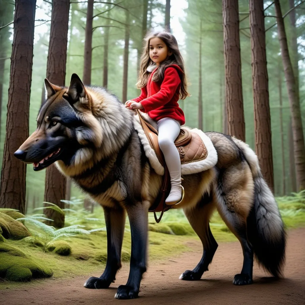 Prompt: young girl mounted atop her giant bound wolf, riding fast, fluffy fur, thick fur, soft fur, long fur, warm fur, giant riding steed, wide back, giant head, giant legs, giant body, giant paws, full body shot, side view, very long hair, soft saddle, soft harness, soft bridle, muzzle bit, forest, long fur pajamas,