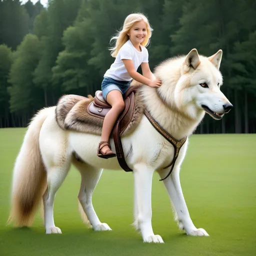 Prompt: a young girl mounted atop her giant wolf mare, riding, deep fur, fluffy fur, plush fur, thick fur, soft fur, long fur, warm fur, giant luxurious steed, wide back, giant head, giant legs, giant body, giant paws, full body shot, side view, very long blonde hair, grass, field, lawn, soft fur harness, soft fur saddle, 