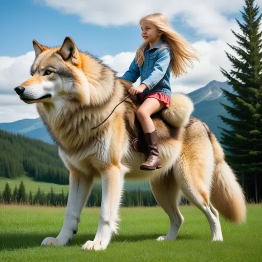 Prompt: a young girl mounted atop her giant wolf, riding, deep fur, fluffy fur, plush fur, thick fur, soft fur, long fur, warm fur, giant noble steed, wide back, giant head, giant legs, giant body, giant paws, full body shot, side view, very long blonde hair, grass, field, lawn, 