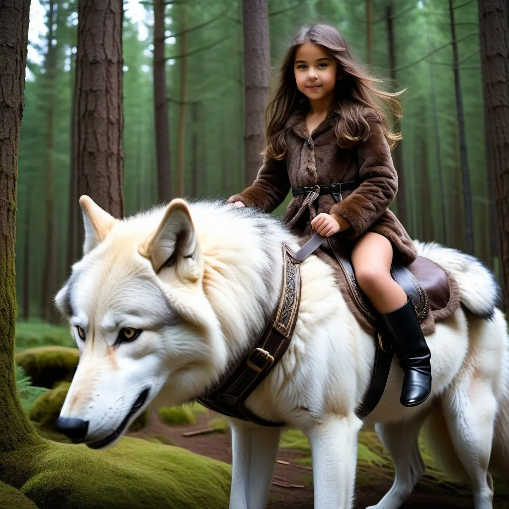 Prompt: young girl mounted atop her giant bound wolf, riding fast, fluffy fur, thick fur, soft fur, long fur, warm fur, giant riding steed, wide back, giant head, giant legs, giant body, giant paws, full body shot, side view, very long hair, soft saddle, soft harness, soft bridle, muzzle bit, forest, long fur pajamas,