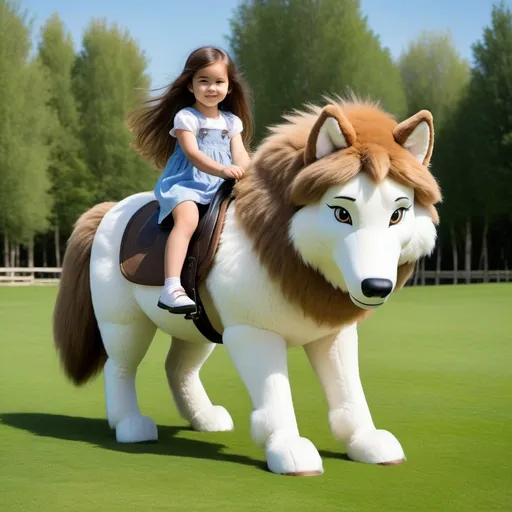 Prompt: a small girl mounted atop her giant wolf, riding, fluffy, thick fur, plush fur, soft fur, soft plush, warm fur, giant plush steed, wide back, giant head, giant legs, giant body, giant paws, full body shot, side view, very long brown hair, field, lawn, pony play, bit, 