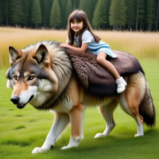 Prompt: a young girl mounted atop her giant wolf, riding, fluffy fur, plush fur, thick fur, soft fur, long fur, warm fur, giant steed, wide back, giant head, giant legs, giant body, giant paws, full body shot, side view, very long brown hair, grass, field, lawn, fur blanket,