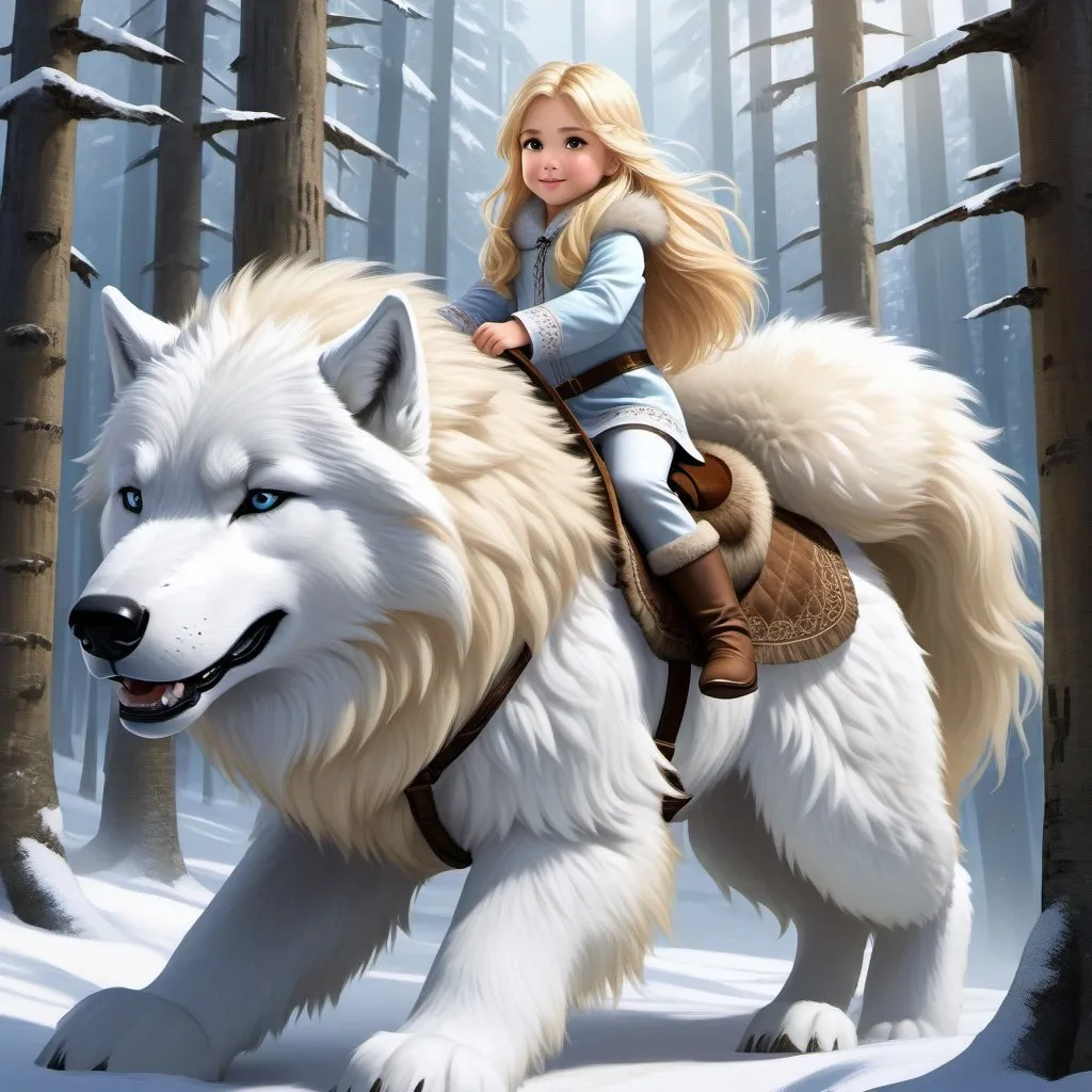 Prompt: a little girl mounted atop her giant direwolf, riding, fluffy fur, plush fur, thick fur, soft fur, long fur, warm fur, giant steed, wide back, giant head, giant legs, giant body, giant paws, full body shot, side view, very long blonde hair, winter, forest, long fur pajamas,