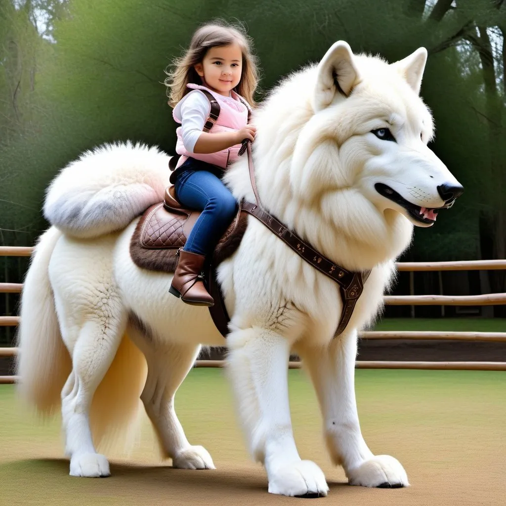 Prompt: small girl mounted atop her giant riding wolf, riding play, fluffy fur, thick fur, plush fur, soft fur, warm fur, giant plush steed, wide back, giant head, giant legs, giant body, giant paws, full body shot, side view, very long hair, stable, harness, soft saddle, bridle, bit,