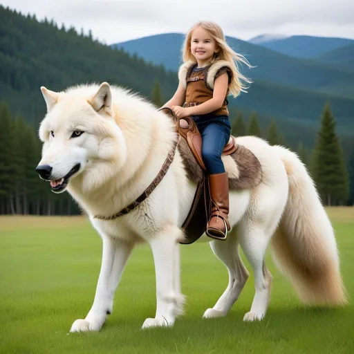Prompt: a young girl mounted atop her giant wolf mare, riding, deep fur, fluffy fur, plush fur, thick fur, soft fur, long fur, warm fur, giant fluffy steed, wide back, giant head, giant legs, giant body, giant paws, full body shot, side view, very long blonde hair, grass, field, lawn, soft fur harness, soft fur saddle, 