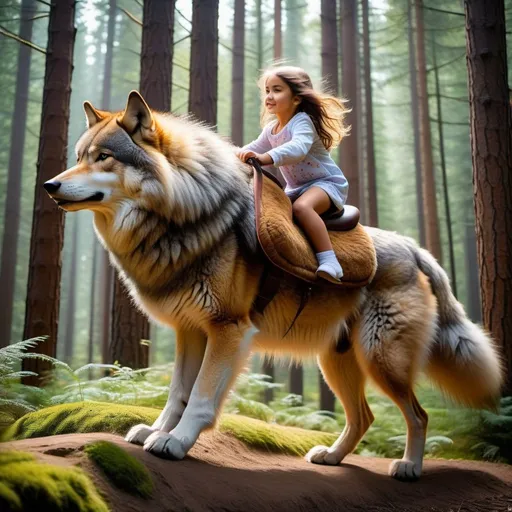 Prompt: young girl mounted atop her giant riding wolf, riding fast, fluffy fur, thick fur, soft fur, long fur, warm fur, giant riding steed, wide back, giant head, giant legs, giant body, giant paws, full body shot, side view, very long hair, forest, long fur pajamas,
