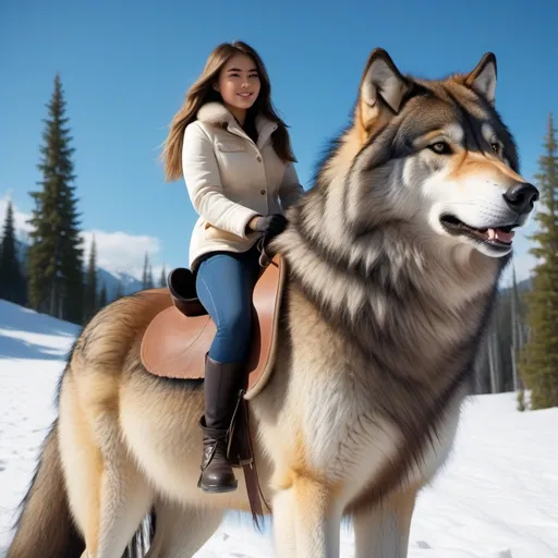 Prompt: a long haired 21 year old girl mounted atop her giant wolf pony, riding, fluffy fur, thick fur, soft fur, warm fur, mane, giant riding steed, wide back, giant head, giant legs, giant body, giant paws, full body shot, side view, size difference, dense fur, 4k fur, fur with depth,