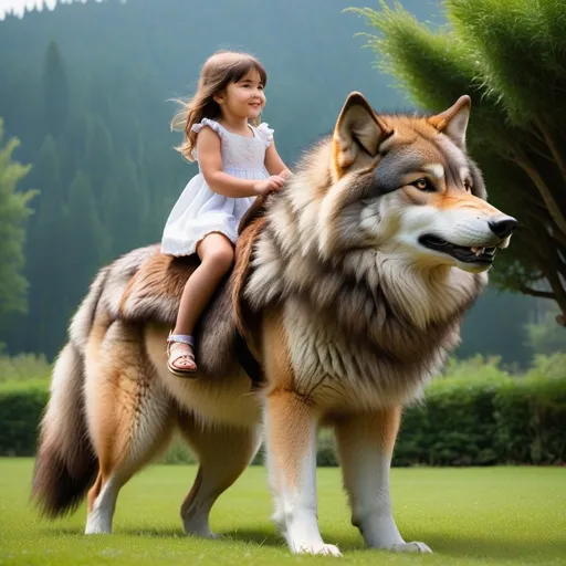 Prompt: a little girl mounted atop her giant wolf, riding, fluffy fur, plush fur, thick fur, soft fur, long fur, warm fur, giant steed, wide back, giant head, giant legs, giant body, giant paws, full body shot, side view, very long brown hair, grass, field, lawn, 