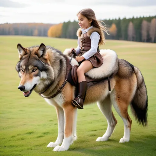 Prompt: a young girl mounted atop her giant wolf, riding, fluffy fur, thick fur, plush fur, soft fur, warm fur, giant riding steed, wide back, giant head, giant legs, giant body, giant paws, full body shot, side view, very long hair, grass, field, soft harness, bit, bridle, reins, soft saddle, 