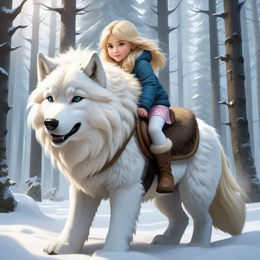 Prompt: a little girl mounted atop her giant direwolf, riding, fluffy fur, plush fur, thick fur, soft fur, long fur, warm fur, giant steed, wide back, giant head, giant legs, giant body, giant paws, full body shot, side view, very long blonde hair, winter, forest, long fur pajamas,