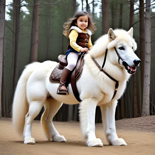 Prompt: small girl mounted atop her giant wolf pony, riding play, fluffy fur, thick fur, plush fur, soft fur, warm fur, giant plush steed, wide back, giant head, giant legs, giant body, giant paws, full body shot, side view, very long hair, stable, harness, soft saddle, bridle, bit,