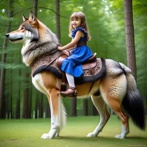 Prompt: young girl mounted atop her giant saddle wolf, riding play, fluffy fur, thick fur, soft fur, long fur, warm fur, giant riding steed, wide back, giant head, giant legs, giant body, giant paws, full body shot, side view, very long hair, soft saddle, soft harness, soft bridle, muzzle bit, forest, summer dress,