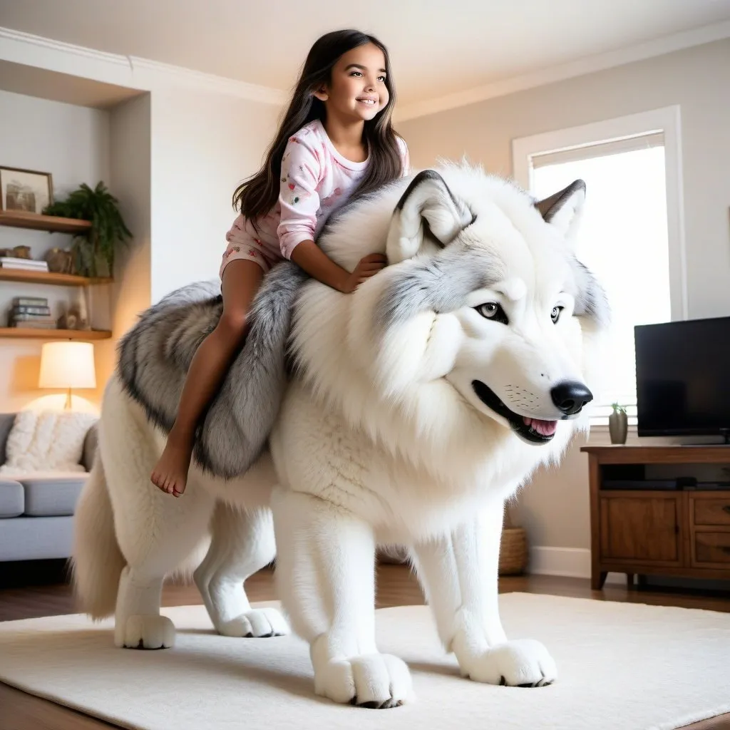 Prompt: young girl mounted atop her giant canine wolf, riding, fluffy fur, thick fur, soft fur, long fur, warm fur, giant plush steed, wide back, giant head, giant legs, giant body, giant paws, full body shot, side view, very long hair, living room, long fur pajamas,