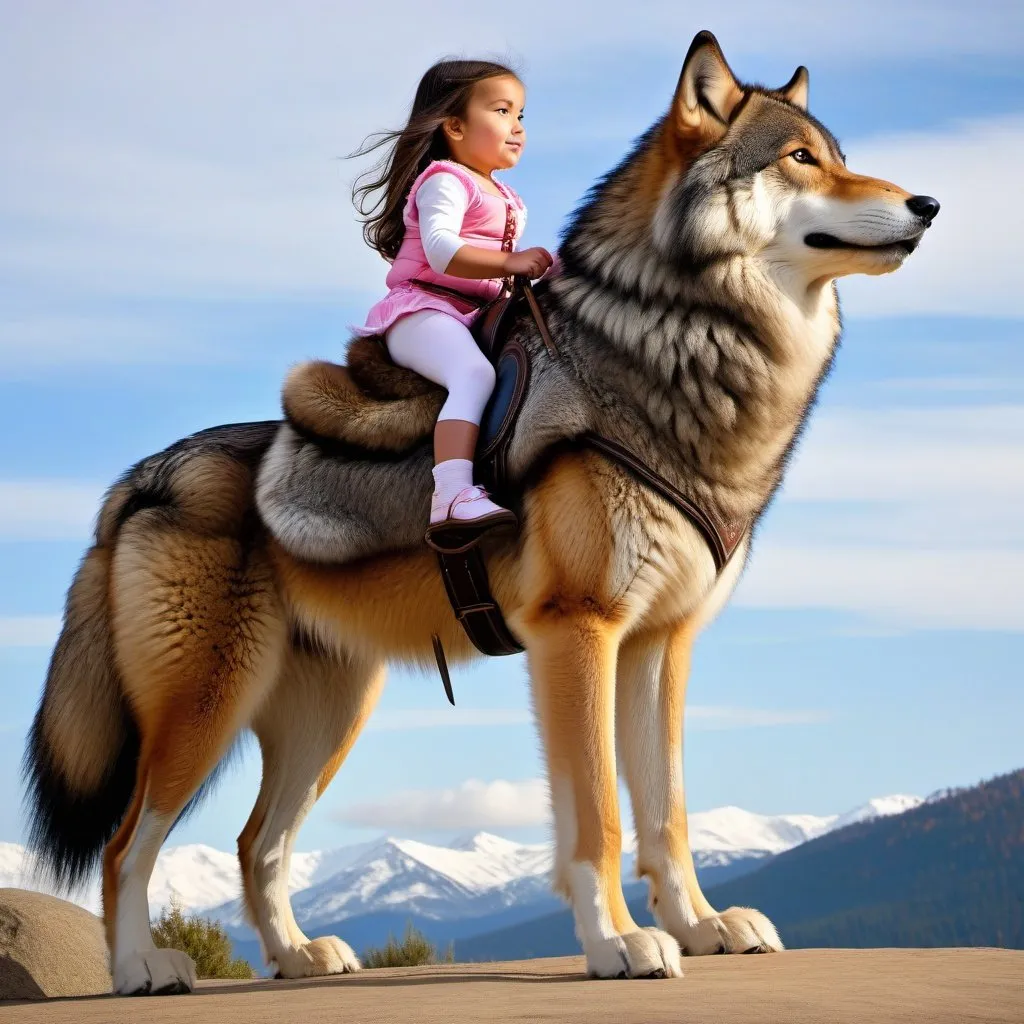 Prompt: small girl mounted atop her giant riding wolf, riding play, fluffy fur, thick fur, plush fur, soft fur, warm fur, giant steed, wide back, giant head, giant legs, giant body, giant paws, full body shot, side view, very long hair, stable, soft harness, bit,