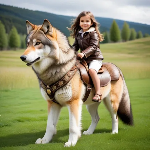 Prompt: a small girl mounted atop her giant wolf, riding, fluffy fur, thick fur, plush fur, soft fur, warm fur, giant riding steed, wide back, giant head, giant legs, giant body, giant paws, full body shot, side view, very long brown hair, grass, field, harness, bit, bridle, reins, fur saddle, 