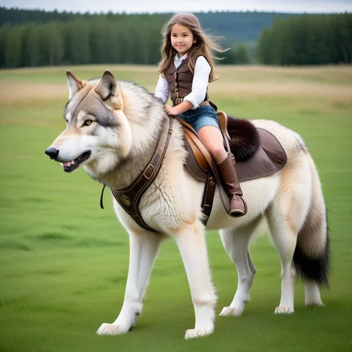Prompt: a young girl mounted atop her giant wolf, riding, fluffy fur, thick fur, plush fur, soft fur, warm fur, giant riding steed, wide back, giant head, giant legs, giant body, giant paws, full body shot, side view, very long hair, grass, field, harness, bit, bridle, reins, fur saddle, 