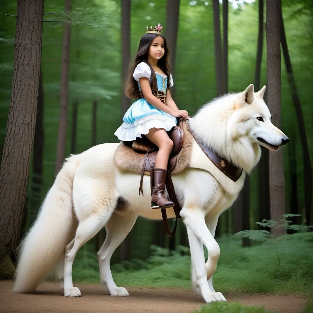 Prompt: young princess mounted atop her giant saddle wolf, riding play, fluffy fur, thick fur, soft fur, long fur, warm fur, giant riding steed, wide back, giant head, giant legs, giant body, giant paws, full body shot, side view, very long hair, soft saddle, soft harness, soft bridle, muzzle bit, forest, summer dress,