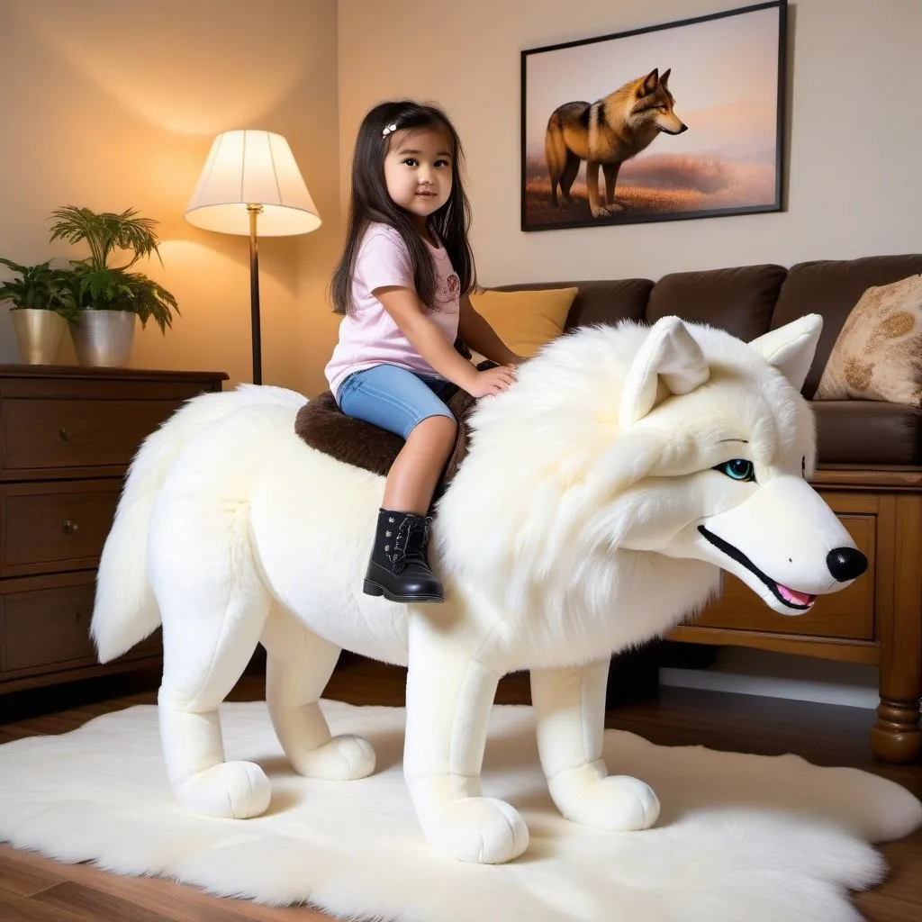 Prompt: small girl mounted atop her giant plush wolf, riding play, fluffy fur, thick fur, plush fur, soft fur, warm fur, giant plush steed, wide back, giant head, giant legs, giant body, giant paws, full body shot, side view, very long hair, indoor,