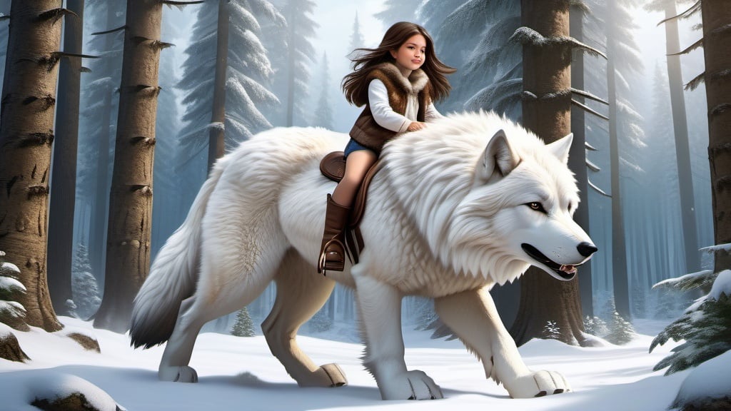 Prompt: small girl mounted atop her giant wolf, riding bareback, white fur, fluffy fur, thick fur, plush fur, soft fur, warm fur, giant riding steed, wide back, giant head, giant legs, giant body, giant paws, full body shot, side view, very long brown hair, forest, bit, photorealistic,
