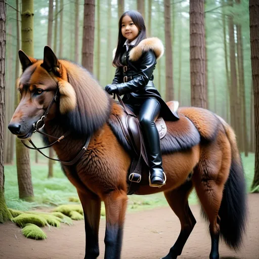 Prompt: young girl mounted atop her giant saddle wolf, riding play, fluffy fur, thick fur, soft fur, long fur, warm fur, giant riding steed, wide back, giant head, giant legs, giant body, giant paws, full body shot, side view, very long hair, soft saddle, soft harness, soft bridle, muzzle bit, forest, latex suit,