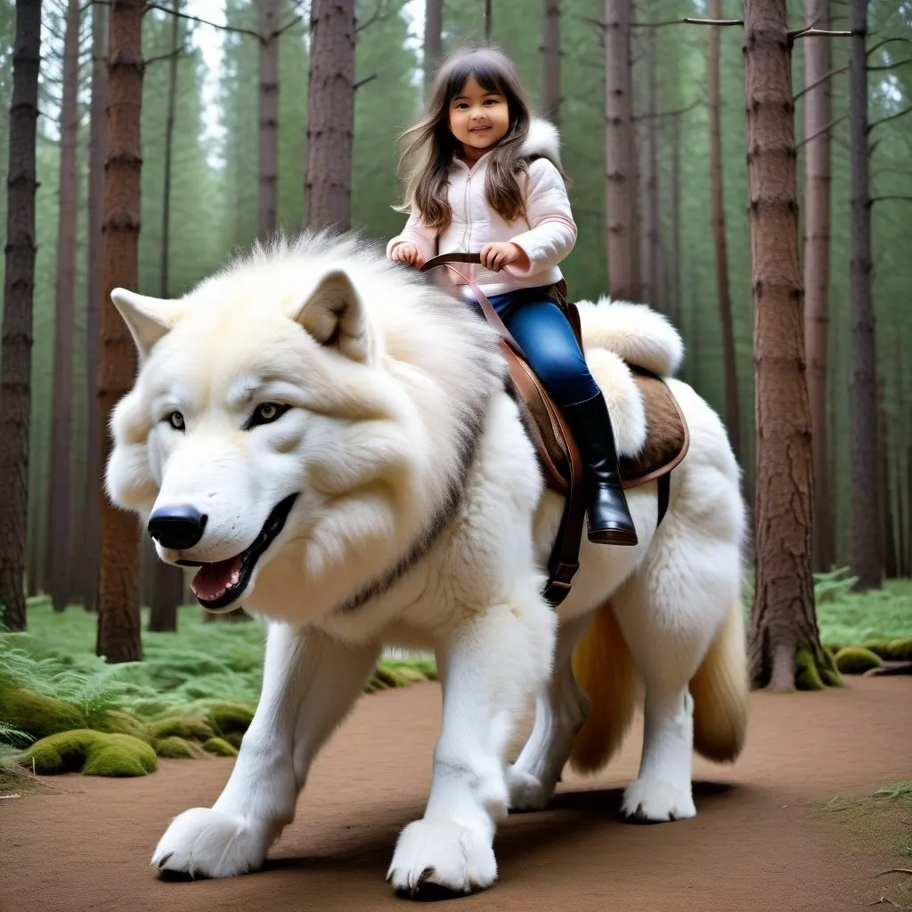 Prompt: small girl mounted atop her giant riding wolf, riding play, fluffy fur, thick fur, plush fur, soft fur, warm fur, giant riding steed, wide back, giant head, giant legs, giant body, giant paws, full body shot, side view, very long hair, soft thick harness, forest,