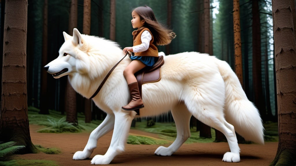 Prompt: small girl mounted atop her giant wolf, riding, gallop, white fur, fluffy fur, thick fur, plush fur, soft fur, warm fur, giant riding steed, wide back, giant head, giant legs, giant body, giant paws, full body shot, side view, very long brown hair, forest, bit,