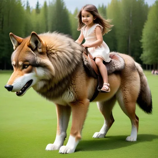 Prompt: small girl mounted atop her giant wolf, riding, fluffy fur, thick fur, plush fur, soft fur, warm fur, giant riding steed, wide back, giant head, giant legs, giant body, giant paws, full body shot, side view, very long brown hair, grass, field, bit,