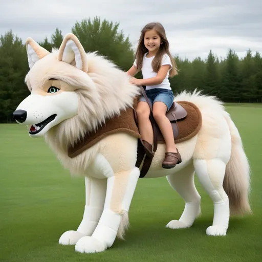 Prompt: a young girl mounted atop her 7 feet tall plush wolf, riding, fluffy fur, plush fur, thick fur, soft fur, warm fur, long mane, giant riding steed, wide back, giant head, giant legs, giant body, giant paws, full body shot, side view, grass, field, lawn, holding mane,