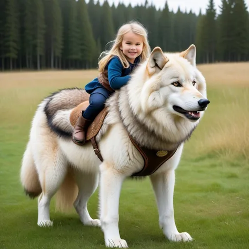 Prompt: a little girl mounted atop her giant wolf, riding, deep fur, fluffy fur, plush fur, thick fur, soft fur, long fur, warm fur, giant noble steed, wide back, giant head, giant legs, giant body, giant paws, full body shot, side view, very long blonde hair, grass, field, lawn, soft fur harness, soft fur saddle, 