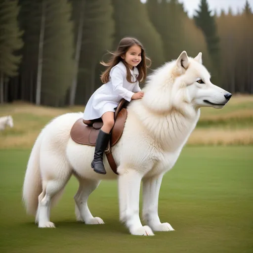 Prompt: small girl mounted atop her giant wolf, riding, white fur, fluffy fur, thick fur, plush fur, soft fur, warm fur, giant riding steed, wide back, giant head, giant legs, giant body, giant paws, full body shot, side view, very long brown hair, grass, field, pony play,