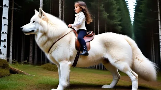 Prompt: small girl mounted atop her giant wolf, riding, dressage, white fur, fluffy fur, thick fur, plush fur, soft fur, warm fur, giant riding steed, wide back, giant head, giant legs, giant body, giant paws, full body shot, side view, very long brown hair, forest,