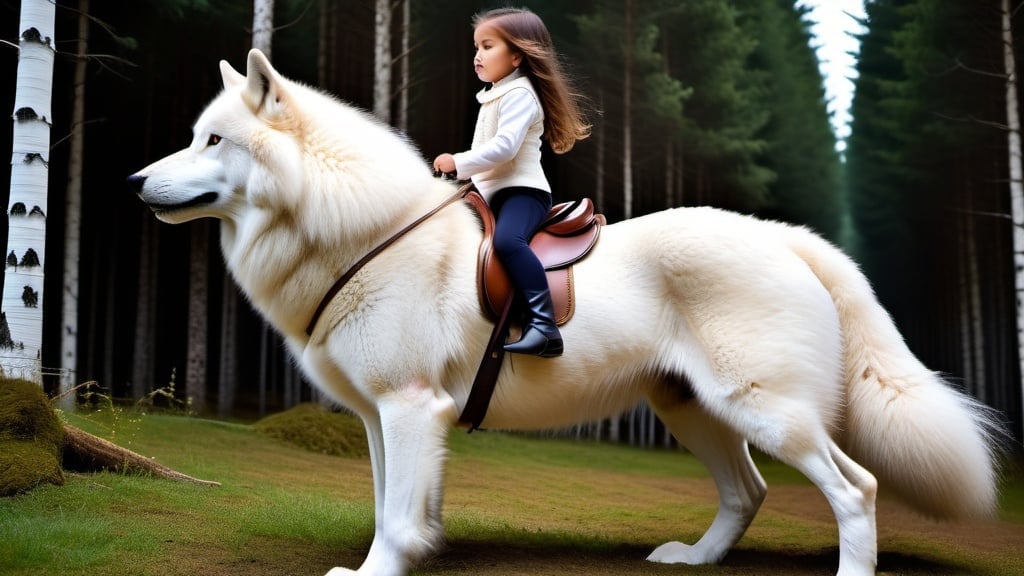 Prompt: small girl mounted atop her giant wolf, riding, dressage, white fur, fluffy fur, thick fur, plush fur, soft fur, warm fur, giant riding steed, wide back, giant head, giant legs, giant body, giant paws, full body shot, side view, very long brown hair, forest,