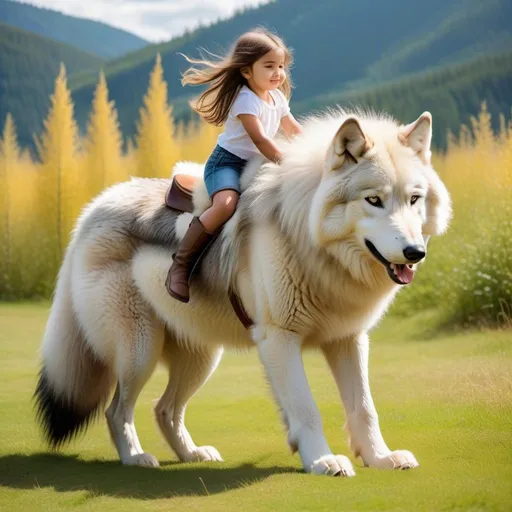 Prompt: small girl mounted atop her giant wolf, riding, raised head, fluffy fur, thick fur, soft fur, plush fur, warm fur, giant fluffy steed, wide back, giant head, giant legs, giant body, giant paws, full body shot, side view, very long hair, sunny, warm, grass, field, bit,